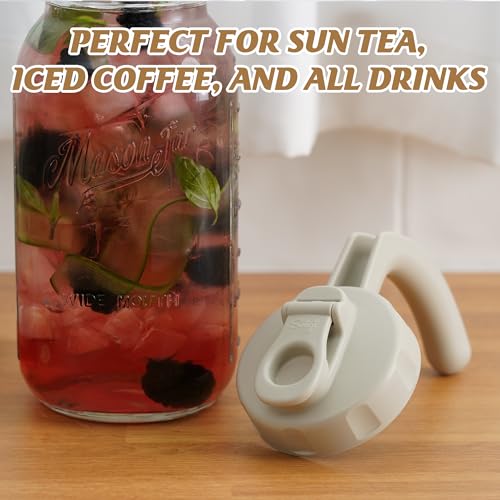 Soligt Glass Mason Jar Pitcher with Lid, Wide Mouth Flip Cap Pour Spout Leak-proof Lid with Handle, 64 oz (2 Quart / 1.9 Liter), for Iced Coffee/Sun Tea Juice/Cold Brew Coffee/Milk (1Pack, Light Gray) - color: Light Gray