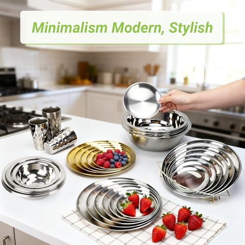 Stainless Steel Plates, 4 Pack 5.5 inch Mini 201 Metal Food Serving Plate Set, Reusable Snack Eating Dishes Round Shatterproof Silver Brushed Finish Dishes for BBQ Dinner Oven Dishwasher Safe - size: 5.5"