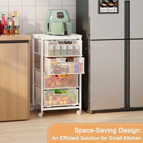 4-Tier Kitchen Storage Cart - Fruit Vegetable Storage Cart with Drawers, Wooden Top Metal Wire Kitchen Organizer and Storage Cart with Wheels to Storage Onions Potatoes Cans Snacks for Kitchen - size: White