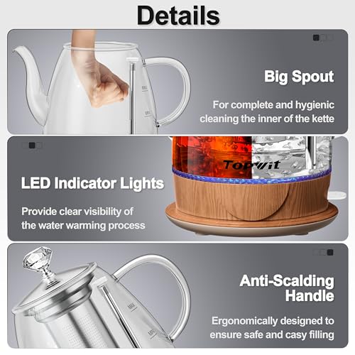 Topwit Electric Kettle Glass, For Hot Water, Tea and Coffee Dual Purpose Design, BPA-Free, 1L Pour Over Removable Stainless Steel Infuser, Auto-shut Off & Boil-dry Protect - color: Wood