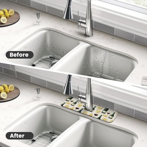 Red Wine Cheese Print Faucet Mat for Kitchen Sink, Faucets Mat Splash Guard Absorbent Fast Drying, Kitchen Sink Mats for Around Faucet Draining