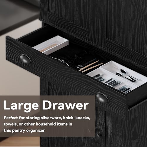 IRONCK Kitchen Pantry Cabinet 72" Height, Freestanding Cupboard with Drawer, Sliding Storage Rack, and 6 Hanging Shelves for Dining Room, Laundry, Living Room, Black - color: Black