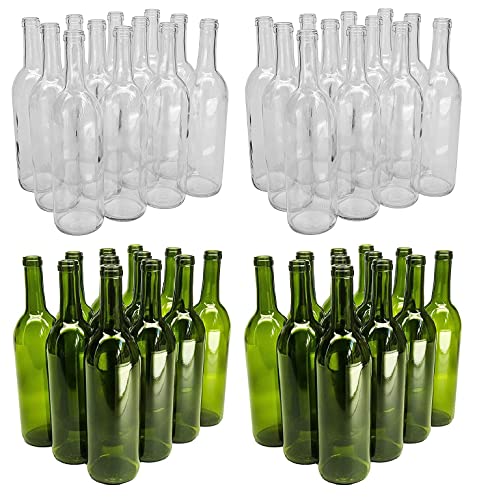North Mountain Supply 750ml Clear & Champagne Green Glass Bordeaux Wine Bottles – Cork Finish – 48 Bottles (24 Clear, 24 Green) – Made in USA