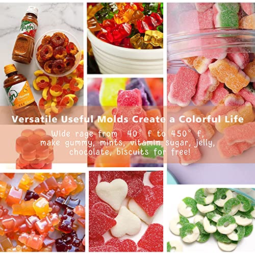 Gummy Bear Molds Silicone 32PCS, Non-stick Chocolate Candy Mold 18 Shapes for 327 Candies, With 4 Droppers, Clean Brush, Storage Box, 20 Wrappers, Including Dinosaur Mini Donut Fruit Animals Shaped - style: Gummy Set - 32PCS