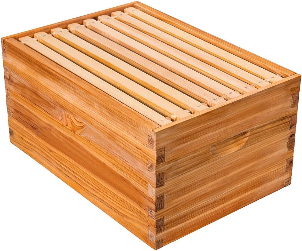 Honey Lake 8 Frame Beehive Deep Brood Box, Langstroth Honey Bee Hive Box Dipped in Beeswax with Beehive Frames and Waxed Foundations for Beekeeper (Unassembled)