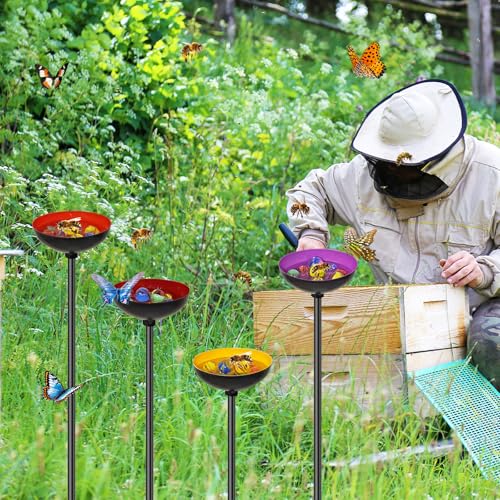 4 Pack Bee Watering Station for Garden, MeyRolizn Outdoors Metal Bee Butterfly Feeder with Glass Marbles, Butterfly Bath Insects Water Bowl for Yard Patio Decor - style: 4pcs Yellow Purple Red Orange