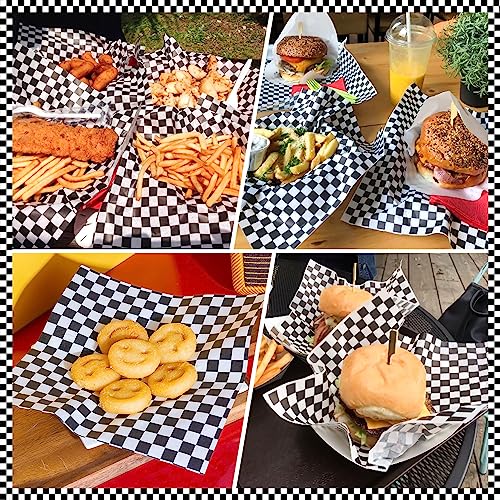 100 Pcs Black & White Checkered Wax Paper Sheets for Food, Wax Paper for Sandwich Wrap, Deli Wraps, Picnic Basket Liners, 8.6 x 9.8 inches - color: Black/White