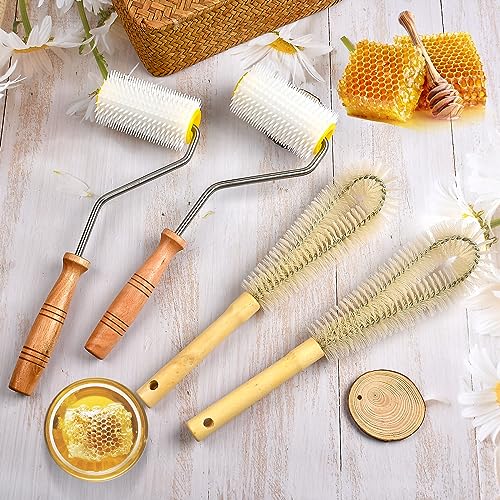 2 Pcs Honey Extractor Uncapping Needle Roller, Beekeeping Honey Extractor Equipment with 2 Pcs Cleaning Brush, Idea for Beekeeper Honeycomb Beekeeping Tool
