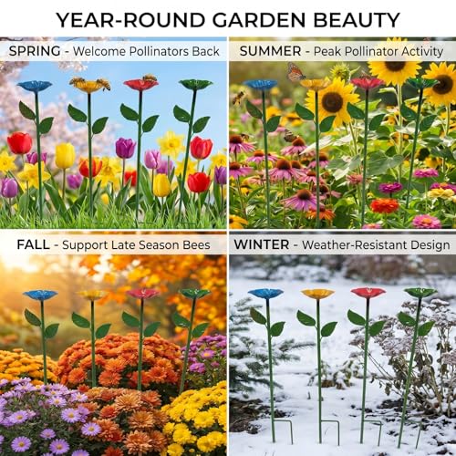 Bee Watering Station for Garden,Metal Bee Bath with Flower Design,Colorful Pollinator Watering Station,4-Pack