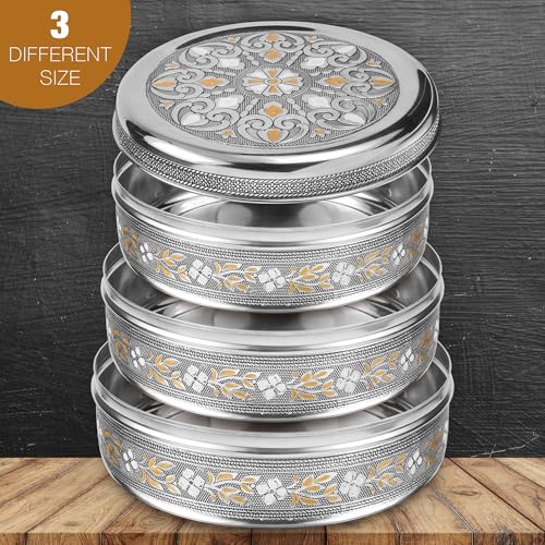 KSJONE Meenakari Designer 3PC Stainless Steel Food Storage Containers with Lids Leakproof, Meal Prep Container Airtight, Kimchi Containers Nestable, Freezer Safe (1100ml, 1700ml & 2300ml)