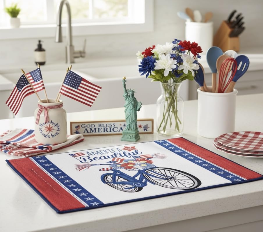 Serafina Home Patriotic Dish Drying Mat, America the Beautiful Bicycle Design, Red White Blue, Cotton, 15" x 20", Machine Washable, 4th of July Kitchen Décor - color: patriotic bike