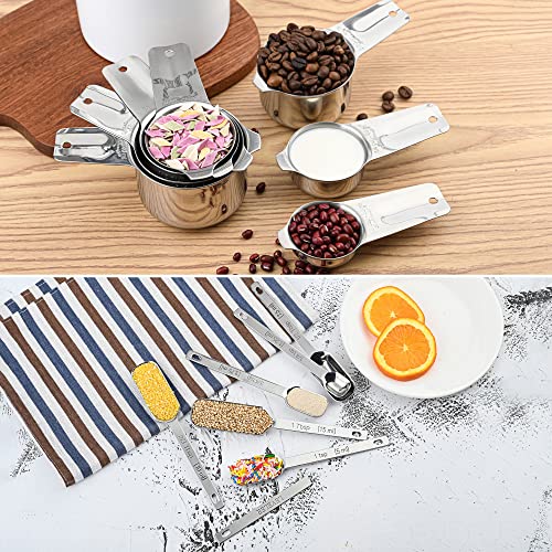 Measuring Cups and Spoons Set, Stainless Steel Measuring Cups Set, Dry 7 Measurer Cups 9 Measurement Spoons with Leveler & Measure Enquivalents for Kitchen & Baking Nesting Measuring Tools