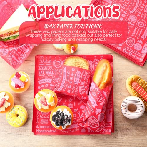 Outus 600 Pcs 12 x 12 Inch Deli Wax Paper Sheets Grease Resistant Tray Basket Liners Newsprint Paper Water and Grease Proof Sandwich Wrapping Square Hot Dog Wrappers for Food Baking (Red) - color: Red