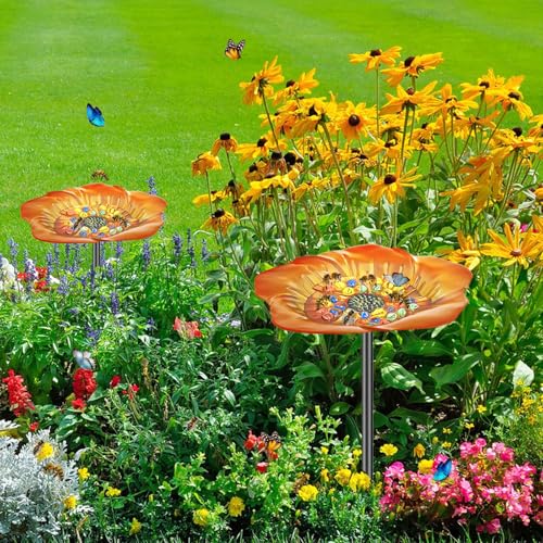 Bee Butterfly Watering Station, 4 Prongs Base Stake Butterfly Bee Feeder for Garden with Glass Marbles, Bee Bath with Vivid Flower Design for Garden Yard Patio Decor (Orang Yellow) - style: Floral