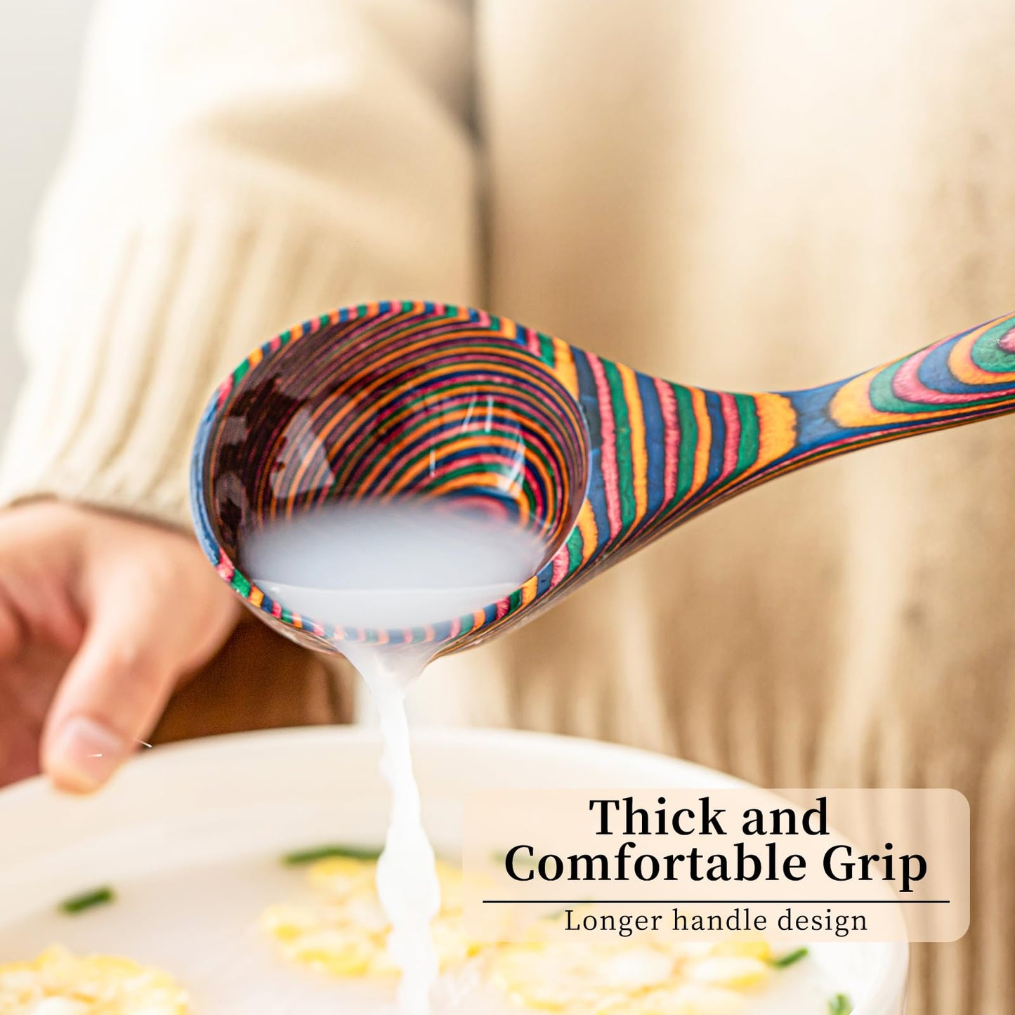 Gudamaye Pakkawood Rainbow Deep Soup Ladles,Pakkawood Ladle,10.6 inch Big Soup Ladle for Cooking,Deep Ladle Spoons,Wood Ladle, Wood Kitchen Utensils Set, Wooden Spoons for Cooking - style: 1 PC Rainbow Ladle
