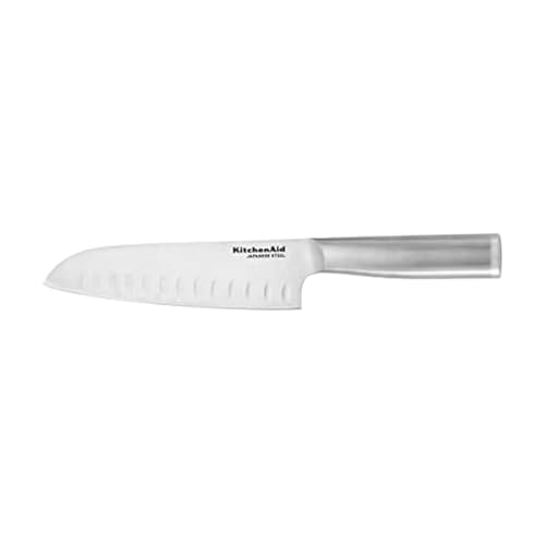 KitchenAid Gourmet Forged Stainless Steel Santoku Knife with Blade Cover, Sharp Kitchen Knife, High-Carbon Japanese Stainless Steel, 7 Inch, Brushed Stainless Steel - style: 7-Inch Santoku Knife