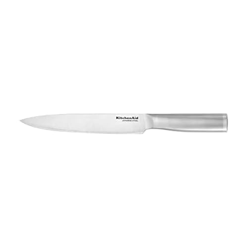 KitchenAid Gourmet Forged Slicer Knife with Custom-Fit Blade Cover, 8-inch, Sharp Kitchen Knife, Japanese Stainless Steel Blade, Brushed Stainless Steel Handle - style: 8-Inch Slicer Knife