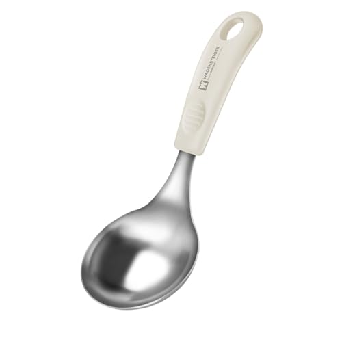 Short Stainless Steel Ladle 220mm (8.6”) – SUS304 Thick Deep Bowl Head with Soft-Grip Silicone Handle – Lightweight Mini Soup & Serving Spoon for Cooking – 5 Color Options (Ivory) - color: Ivory