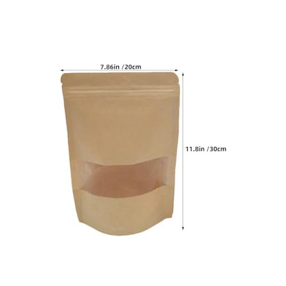 Standable Food Storage Pouches 50pcs Kraft Paper Resealable Bags with Transparent Window Made of Food Safe Kraft Paper, Reusable and Suitable for Kitchen Use with Cheese and Craft
