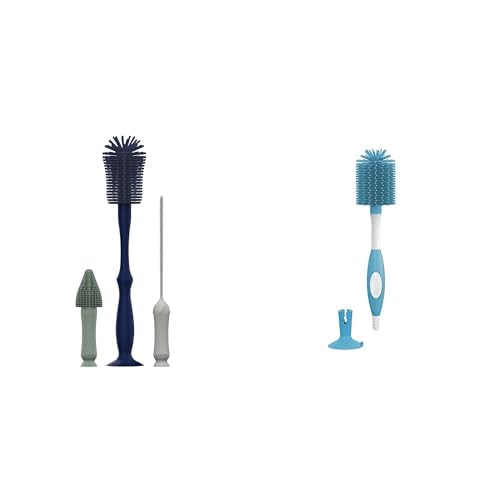 Dr. Brown's Silicone Cleaning Brush Set with Bottle, Spout, and Straw Brush, 3-Pack + Soft Touch No Scratch Baby Bottle Cleaning Brush, Blue - color: Silicone Brush Set + Soft Touch, Blue, size: Compact
