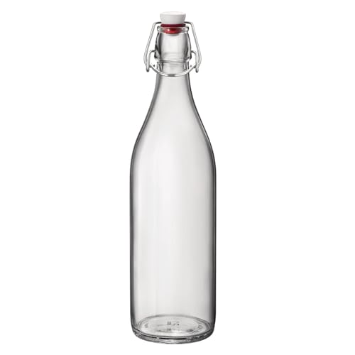 Bormioli Rocco Giara Glass Bottle with Airtight Clamp Lid, 33.75 oz - BPA-Free Bottle for Infused Drinks, Juices, Dressings, Decorative Glass Storage, Leakproof Glassware - Made in Italy (Clear) - color: Clear, size: 33.8 Ounces