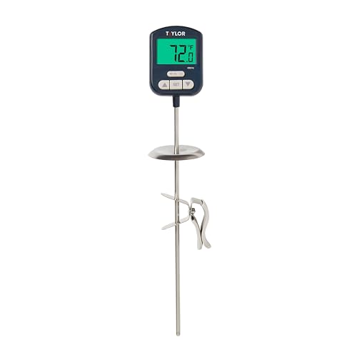 Taylor Digital Premium High Heat Resistant Candy Thermometer, Meat, Deep Fry, Brewing, and Craft Thermometer, with pan/Kettle Clip and Heat Shield, Backlit Display, and Includes 1 CR2032 Battery, Navy - color: Navy