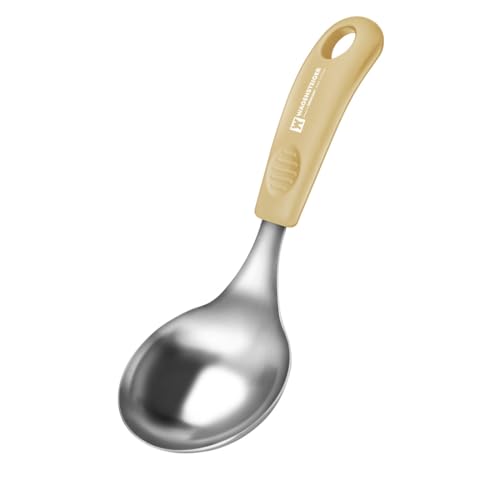 Short Stainless Steel Ladle 220mm (8.6”) – SUS304 Thick Deep Bowl Head with Soft-Grip Silicone Handle – Lightweight Mini Soup & Serving Spoon for Cooking – 5 Color Options (Yellow) - color: Yellow