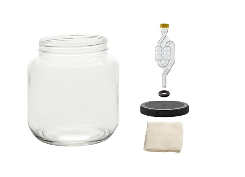 North Mountain Supply 1/2 Gallon Glass Wide Mouth Jar With Drilled Black Plastic Lid, 6-Bubble, & Cheesecloth - USDA Approved, BPA-Free, Dishwasher Safe For Fermenting