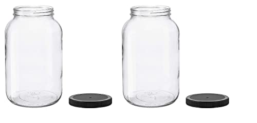 North Mountain Supply 1 Gallon Glass Jar Wide Mouth with Black Plastic Lid - USDA, BPA-Free, Made in the USA - for Fermenting, Storing, Canning, and Much More! - Case of 2