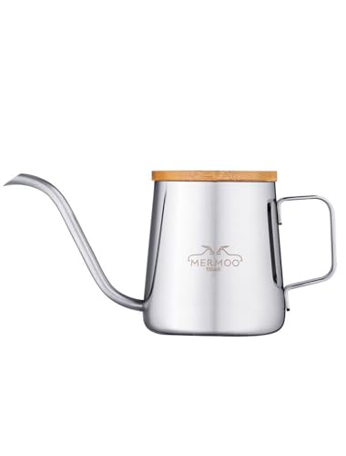 MERMOO YILAN Pour Over Coffee Kettle with Wooden Lid 12oz Coffee Maker | 304 Stainless Steel|Stovetop Coffee Pot |Gooseneck Pouring Kettle|Dishwasher Safe|for Camping,Home,Travel,Office - color: Silver