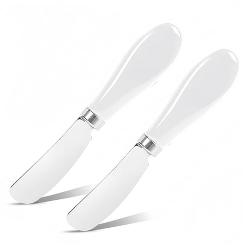 Butter Spreader Knife Set, 2-Pack Stainless Steel Cheese and Butter Knives with Ceramic Handle, Dishwasher Safe, for Soft & Hard Cheese, Jam, Cold Butter (white) - color: white