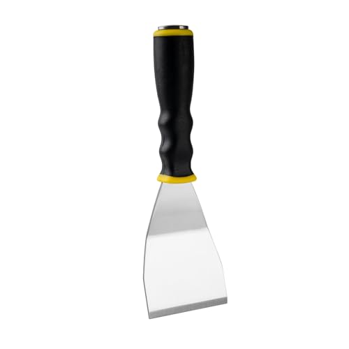 Mister Rui 3" Bent Scraper, Heavy Duty Paint Scraper Tool with Pole Socket Hammer End, Stainless Steel Bent Blade with Anti Slip Rubber Handle, Curved Floor Scraper for Cleaning, Removing, Repairing - color: Yellow