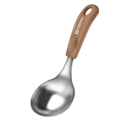 Short Stainless Steel Ladle 220mm (8.6”) – SUS304 Thick Deep Bowl Head with Soft-Grip Silicone Handle – Lightweight Mini Soup & Serving Spoon for Cooking – 5 Color Options (Brown) - color: Brown