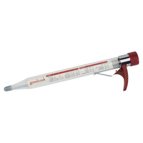 GoodCook Everyday Candy & Deep Fry Thermometer Glass Tube Construction with Built-In Pan Clip Includes Fahrenheit & Celsius Measurements & Protective Storage Sleeve, Red