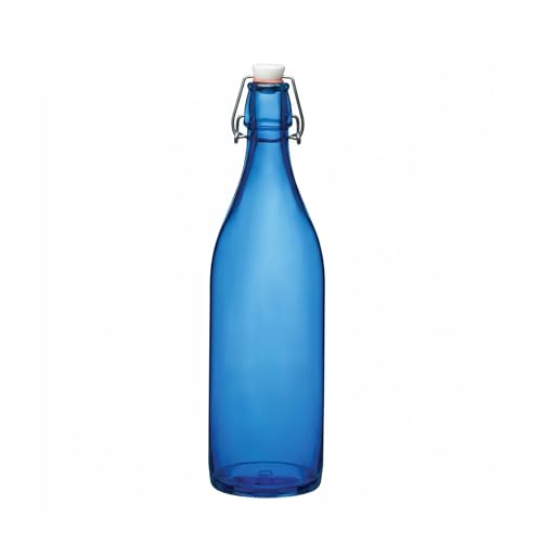 Fox Run Blue Flip Top Glass Bottle, 1 Liter Air Tight Bottle with Flip Top Lid, 12.5" x 3.4"