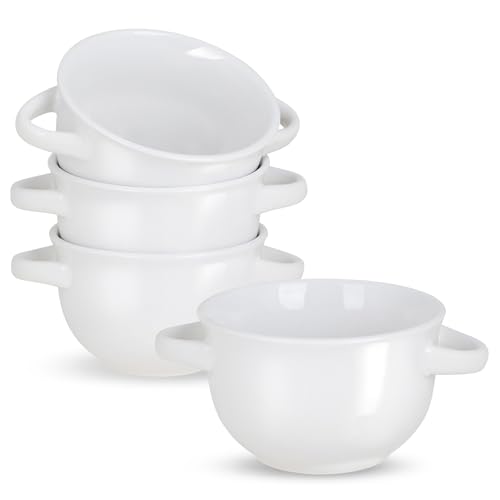 KooK Soup Bowls, French Onion Crocks, Oven Safe Dishware, Mugs, Ceramic Set, Dishwasher, Microwave, Set of 4, 18 oz (White) - color: White