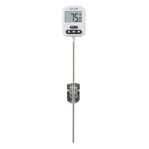 Taylor Programmable Digital Candy and Deep Fry Thermometer with Green Light Alert Display, Long Stem, and Adjustable Pan Clip, White - color: White