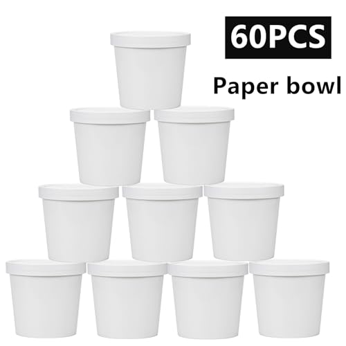 60 Pack 12 oz White Paper Ice Cream Cups with Lids, To Go Soup Containers Dessert Bowl, Microwave and Freezer Safe Food Storage Bowls for Parties, Christmas, Takeout, Picnics
