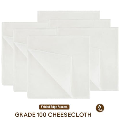 6-Pack Grade 100 Cheese Cloths for Straining, 20x20 Inch Reusable Cotton Muslin Cloth, Hemmed Edges Food Grade Filter for Cooking, Nut Milk, Greek Yogurt and Turkey