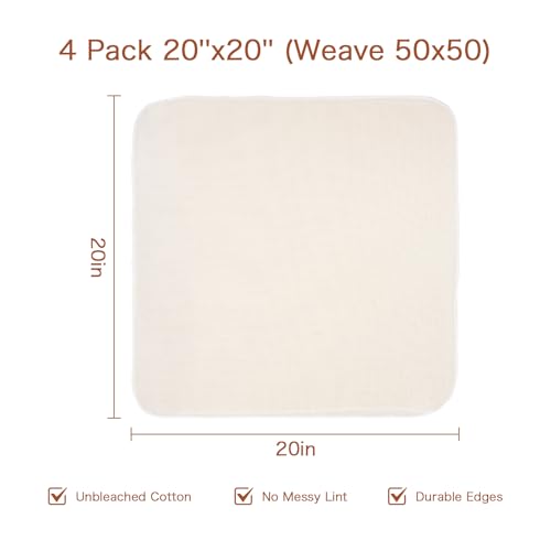 4 Pack Reusable Cheesecloth (20x20''),Grade 100,Cheesecloth for Straining,Ultra-Fine Unbleached Cheese Cloth Strainer for Cooking,Baking,Juicing,Cheese Making | Precut, Hemmed Edges,Washable - size: 20x20'' 4 Pack