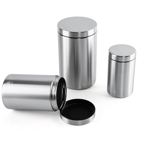 3-Piece Stainless Steel Food Canisters Set (27/47/84oz) | Airtight Metal Kitchen Storage Containers with Screw Lids | Stackable Jars for Coffee, Flour, Sugar & Protein Powder - color: Silver