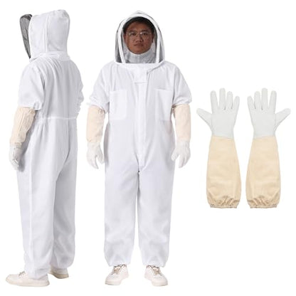 HARFINGTON Bee Suit for Men and Women L Beekeeping Suits Outfit with Veil Hood and Glove for Backyard Professional and Beginner Bee Keeper, White - size: L