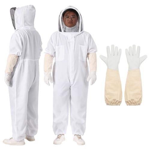 HARFINGTON Bee Suit for Men Women XXL Beekeeping Suits Outfit with Veil Hood and Glove for Backyard Professional and Beginner Bee Keeper, White - size: XXL