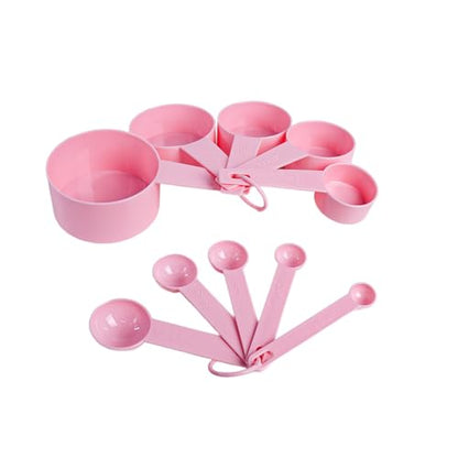 Inmorven 10pcs Measuring Cups and Spoons Set, BPA-Free Plastic Kitchen Baking Tools with Engraved Markings, Stackable Design for Dry & Liquid Ingredients (Pink) - color: Pink