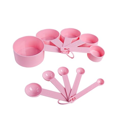Inmorven 10pcs Measuring Cups and Spoons Set, BPA-Free Plastic Kitchen Baking Tools with Engraved Markings, Stackable Design for Dry & Liquid Ingredients (Pink) - color: Pink