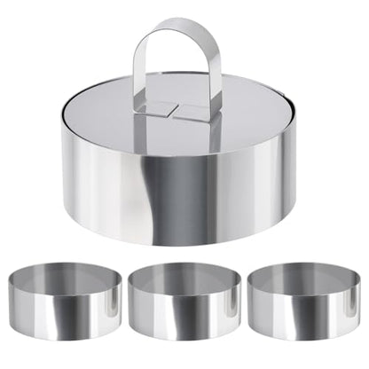 HULISEN Round Cake Ring Mold, Stainless Steel 4" Cooking Crumpet Rings with 1 Pusher & 4 Food Form, Tuna Tartare Mold for Pancake, Salad, Mousse - size: 4 Round/ Set-4 Inch with Pusher