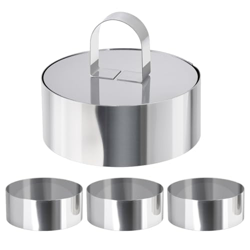 HULISEN Round Cake Ring Mold, Stainless Steel 4" Cooking Crumpet Rings with 1 Pusher & 4 Food Form, Tuna Tartare Mold for Pancake, Salad, Mousse - size: 4 Round/ Set-4 Inch with Pusher