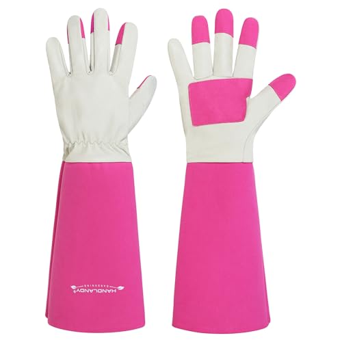 HANDLANDY Rose Pruning Gardening Gloves for Men & Women, Thornproof Long Gauntlet Gloves, Pigskin Leather - Breathable & Durability (Medium) - color: Pink, size: Medium (Pack of 1)