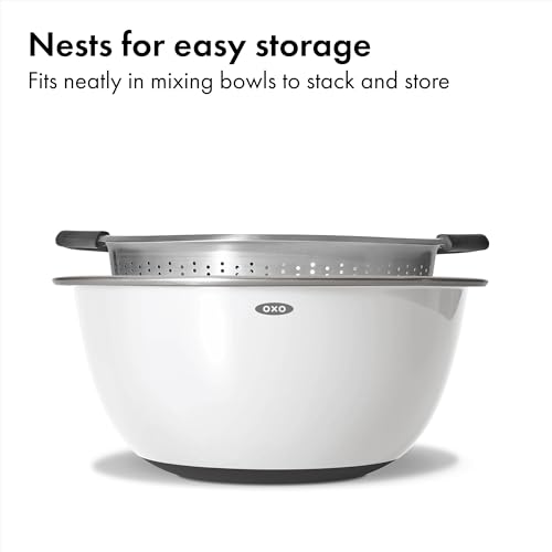 OXO Good Grips Stainless Steel Colander, 5 qt. Capacity, Strainer with Non-Slip Handles, Kitchen Colander for Pasta and Vegetables, Nesting Stainless Steel Strainer and Sieve - size: 5 Qt