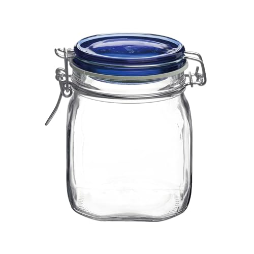 Bormioli Rocco Fido Square Jaw with Blue Lid, 25-1/4-Ounce, 149520M04121197 - color: Clear, size: 25.25 fl oz